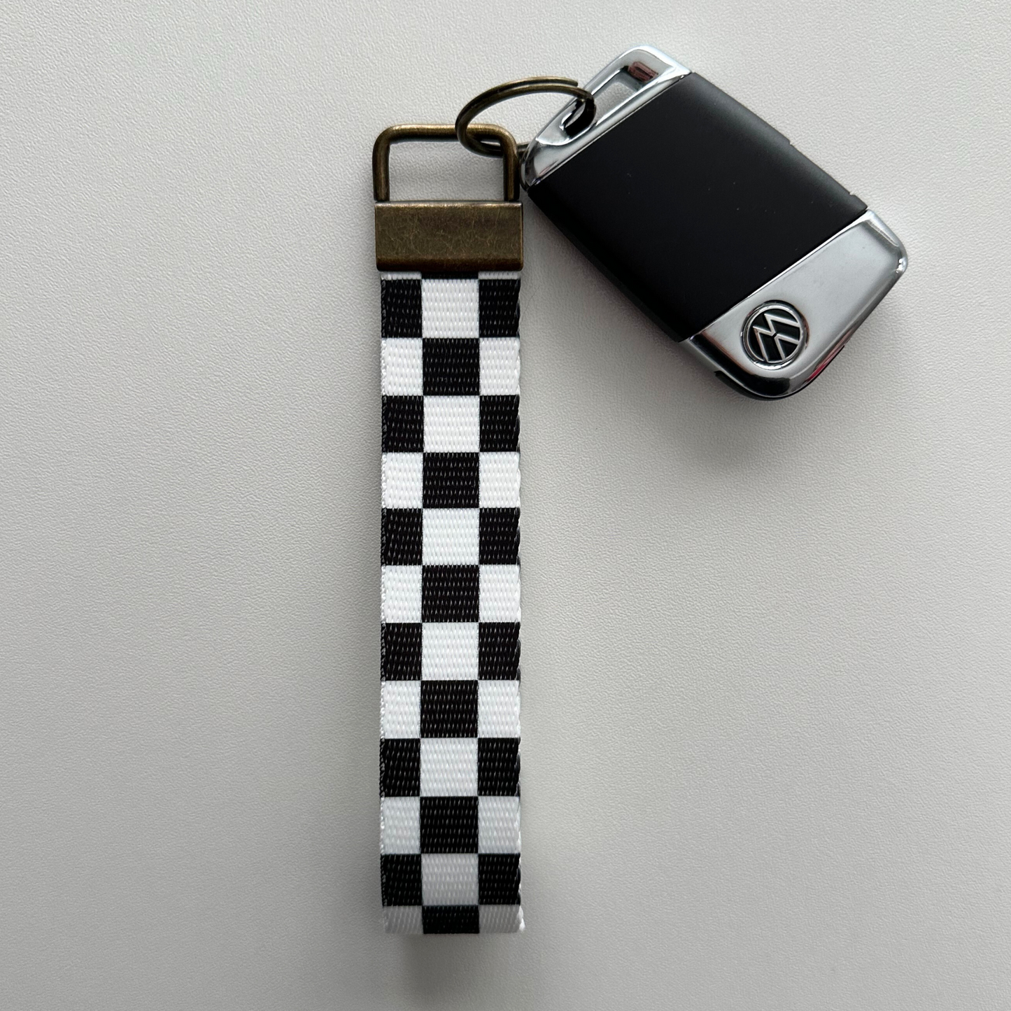 Black Checkered Key Fob Wristlet | Antique Brass Hardware