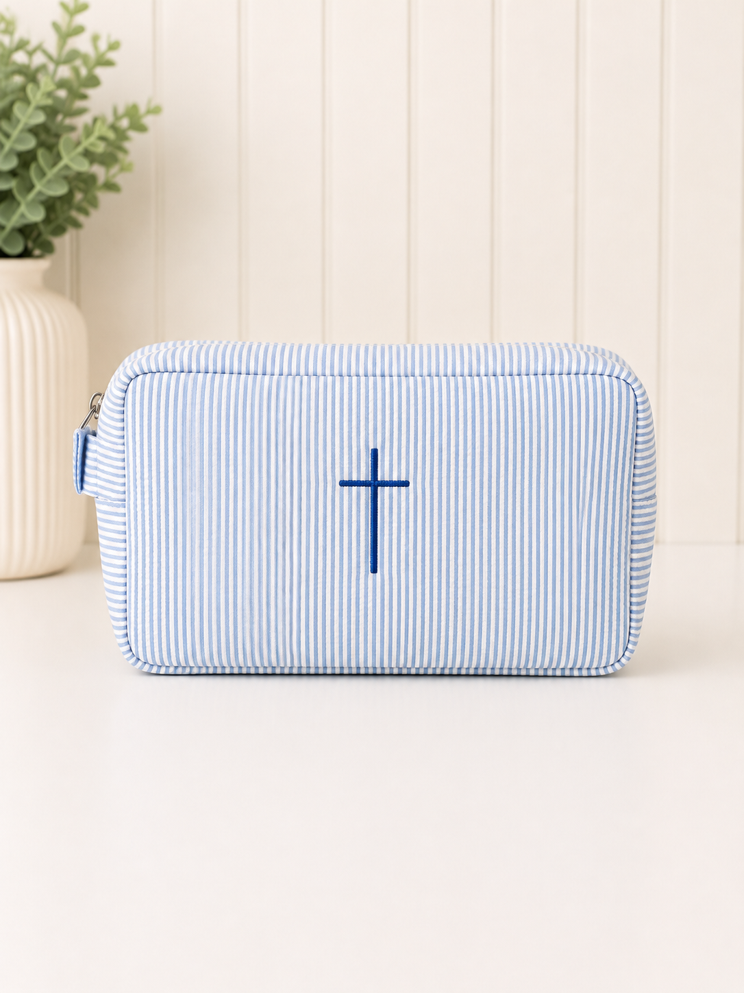 Striped Seersucker Embroidered Pouch