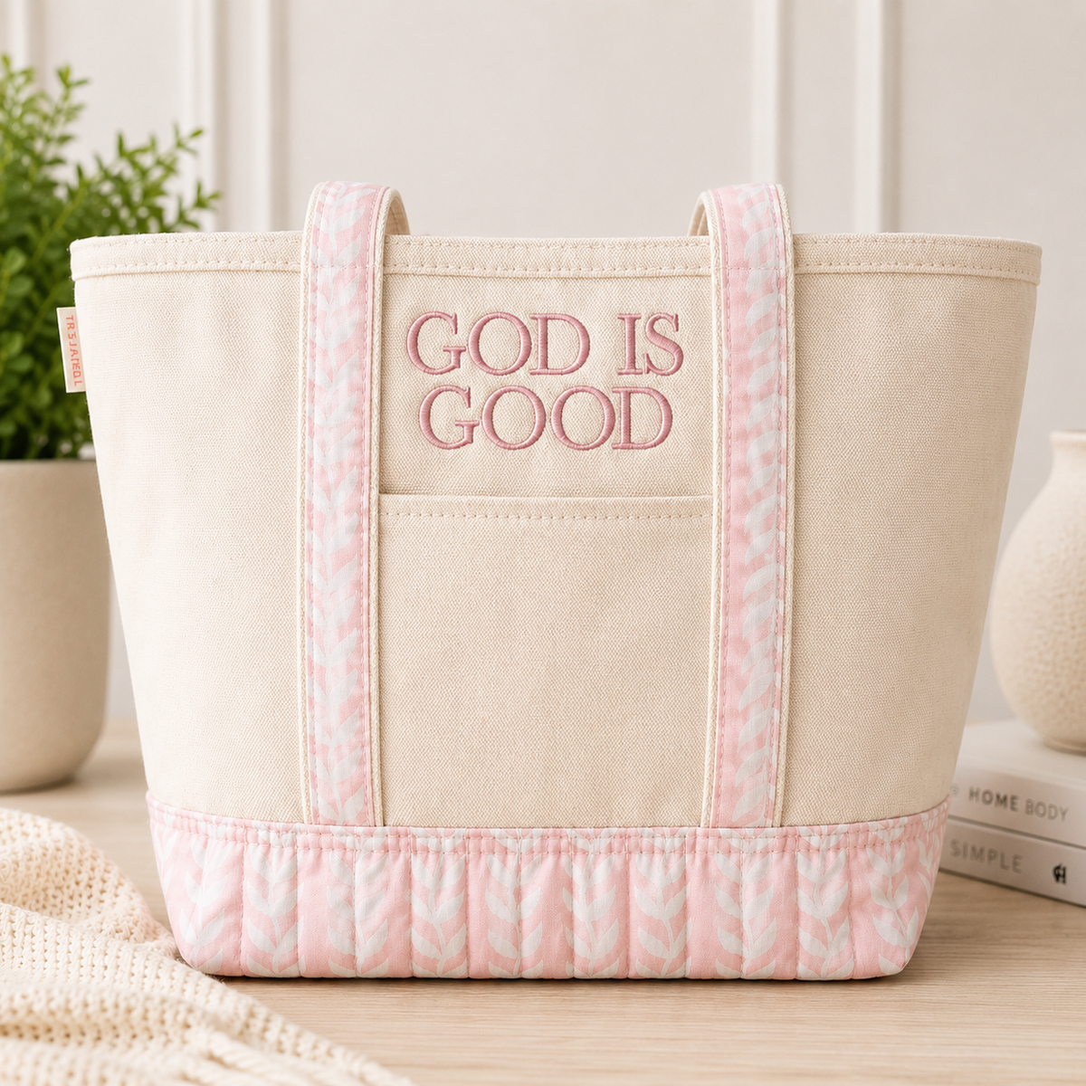Floral "God Is Good" Embroidered Tote Bag