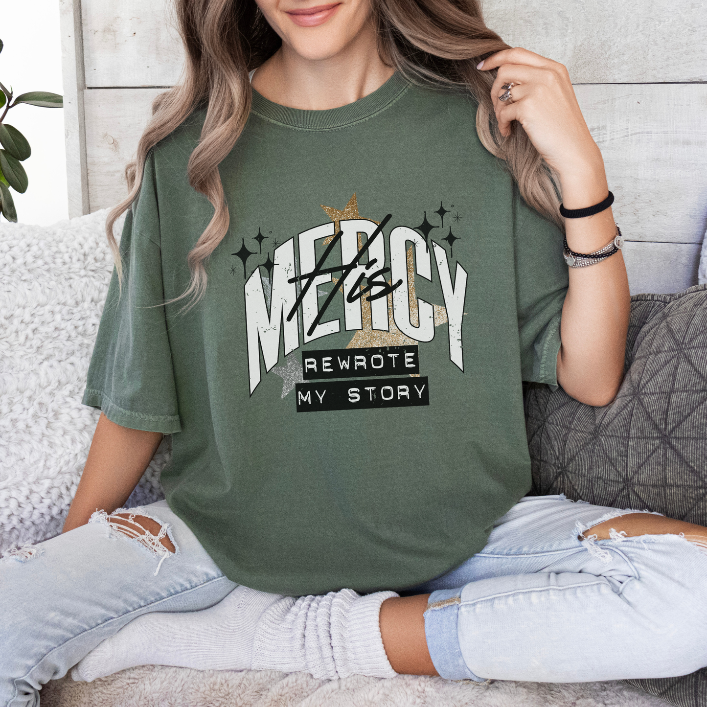 His Mercy Rewrote My Story T-Shirt | Moss