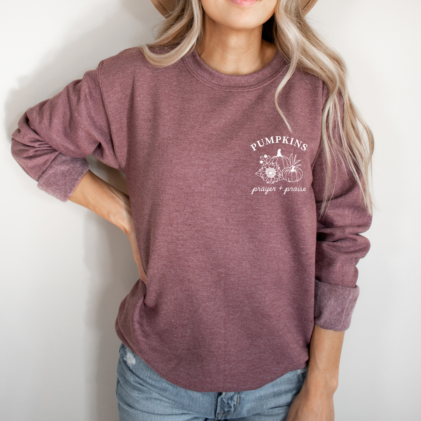Pumpkins, Prayer, & Praise Sweatshirt | Heathered Maroon