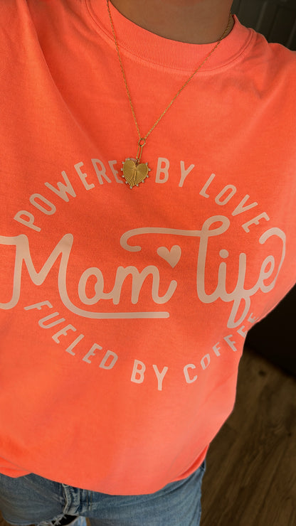 Mom Life Powered By Love, Fueled By Coffee T-Shirt - Neon Red Orange