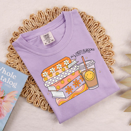 All I Need Is Books & Iced Coffee T-Shirt - Orchid