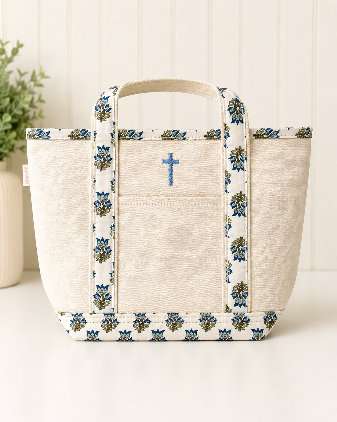Blue Floral Embroidered Cross Bible Tote