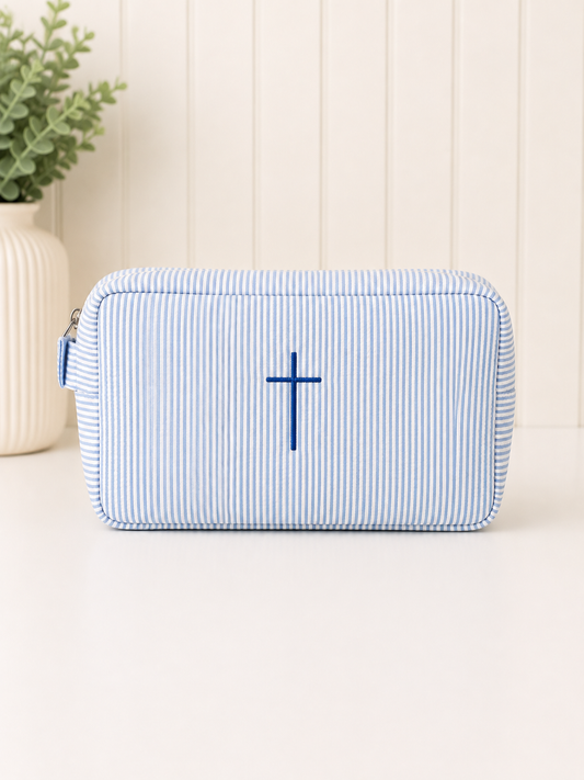 Striped Seersucker Embroidered Pouch