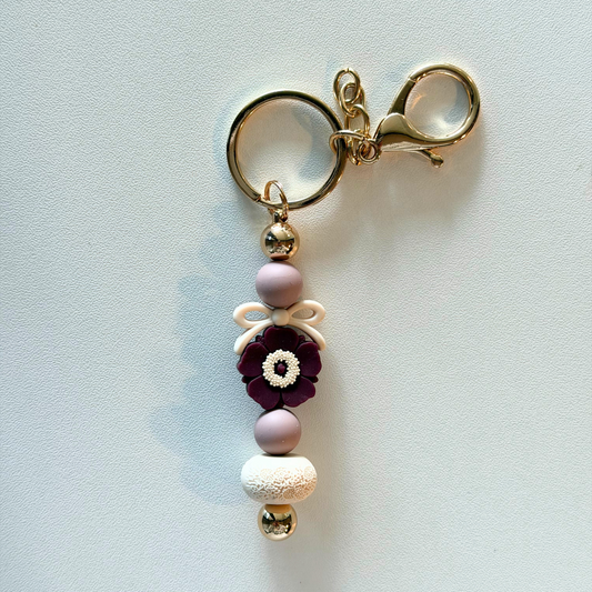 Burgundy Floral Beaded Keychain