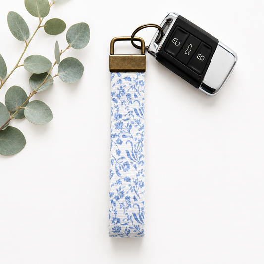 Blue Ditsy Floral Key Fob Wristlet | Antique Brass Hardware