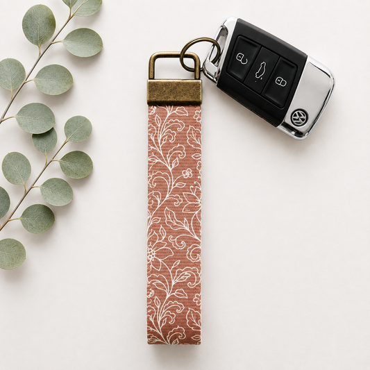 Terracotta Floral Key Fob Wristlet | Antique Brass Hardware