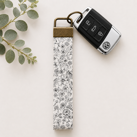 Black & White Floral Key Fob Wristlet | Antique Brass Hardware