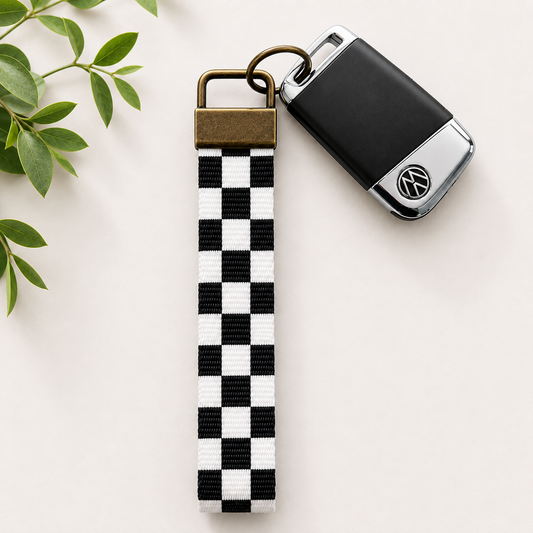 Black Checkered Key Fob Wristlet | Antique Brass Hardware