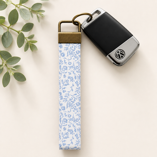 Blue Ditsy Floral Key Fob Wristlet | Antique Brass Hardware