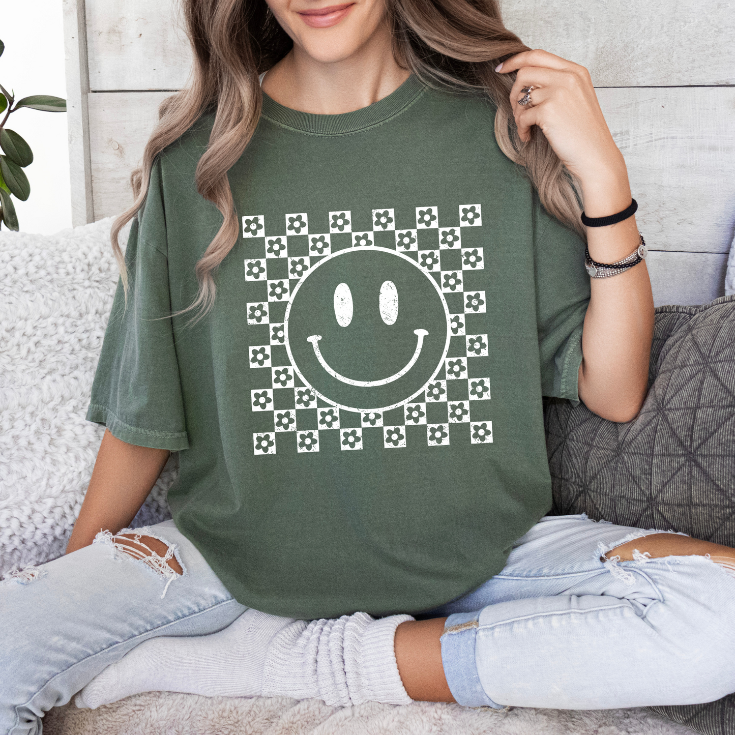 Checkered Floral Smiley T-Shirt