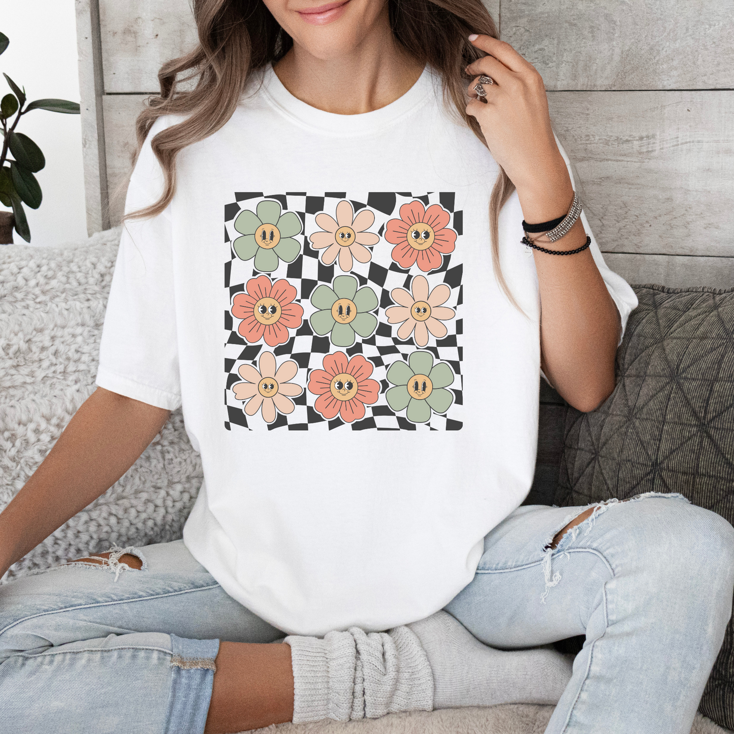 Checkered Flowers T-Shirt - White