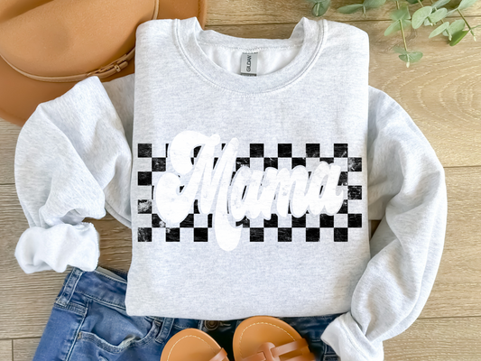 Distressed Checkered MAMA Sweatshirt - Ash