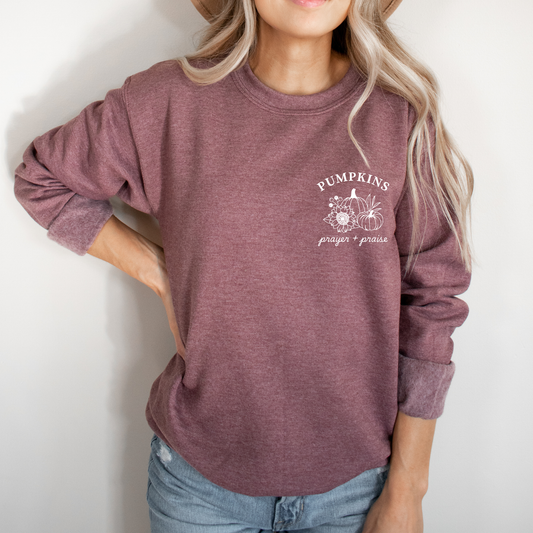 Pumpkins, Prayer, & Praise Sweatshirt - Heathered Maroon